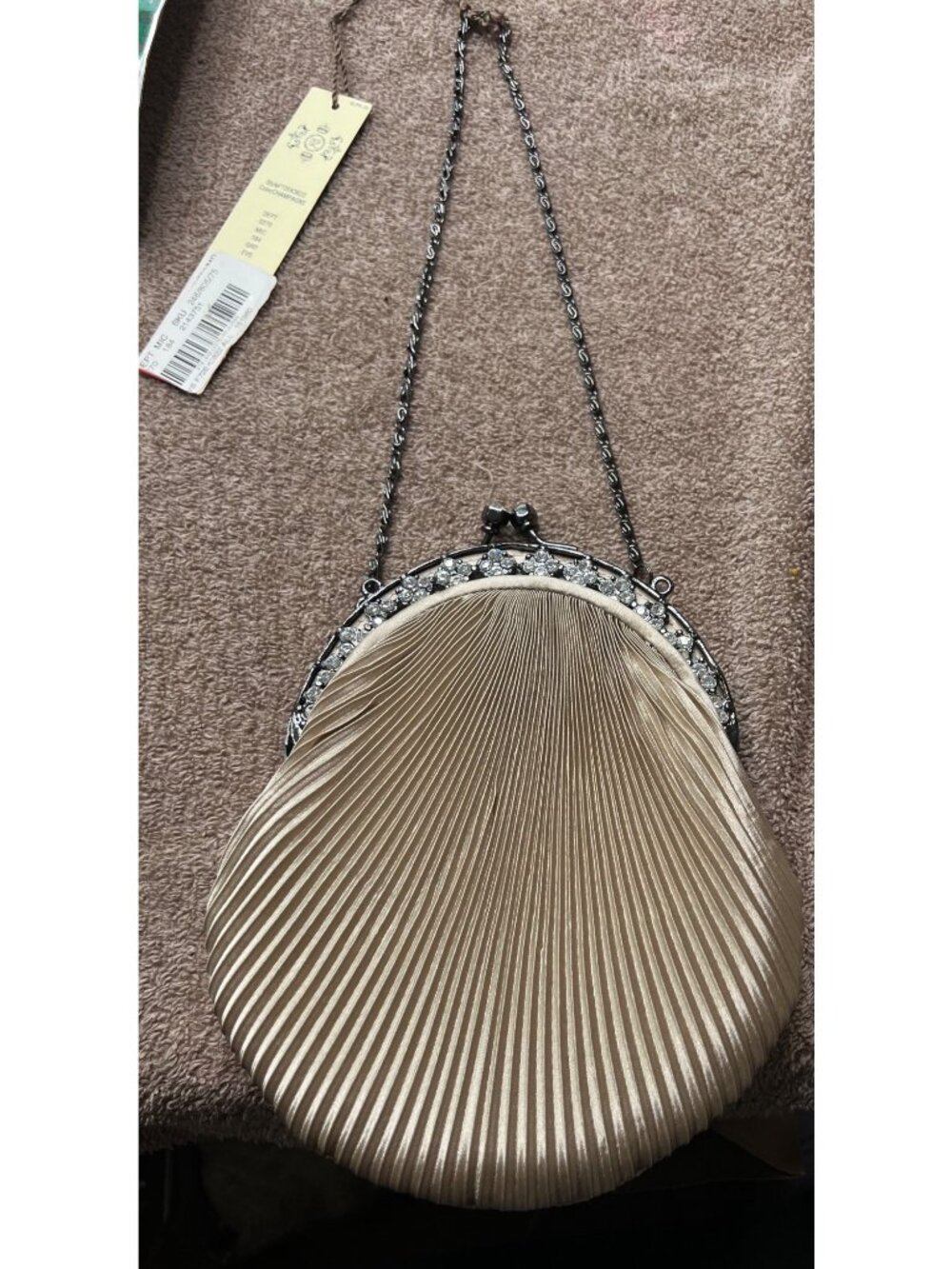 NWT Kate Landry Champagne Pleated Evening Bag Rhinestone Clasp Chain Strap Elega